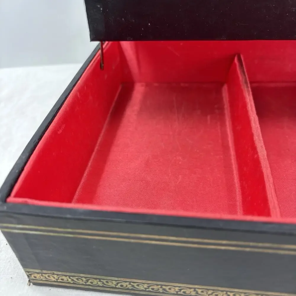 Vtg 2 Tier Jewelry Box Black Leathette Gold Stars Celestial 14x8.5